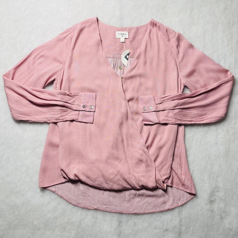 NWT Everly Womens Pink Polka Dot Long Sleeve Preppy Y2K Wrap Blouse Size Small